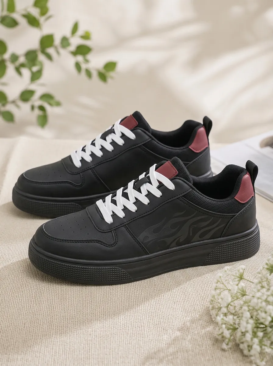 Men's Flame Pattern Black Printed Sneakers