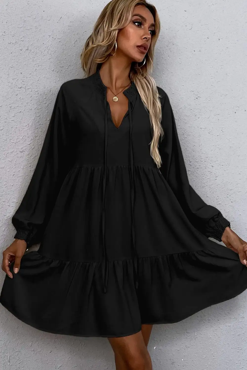 Split Neck Ruffle Smocked Dress Casual