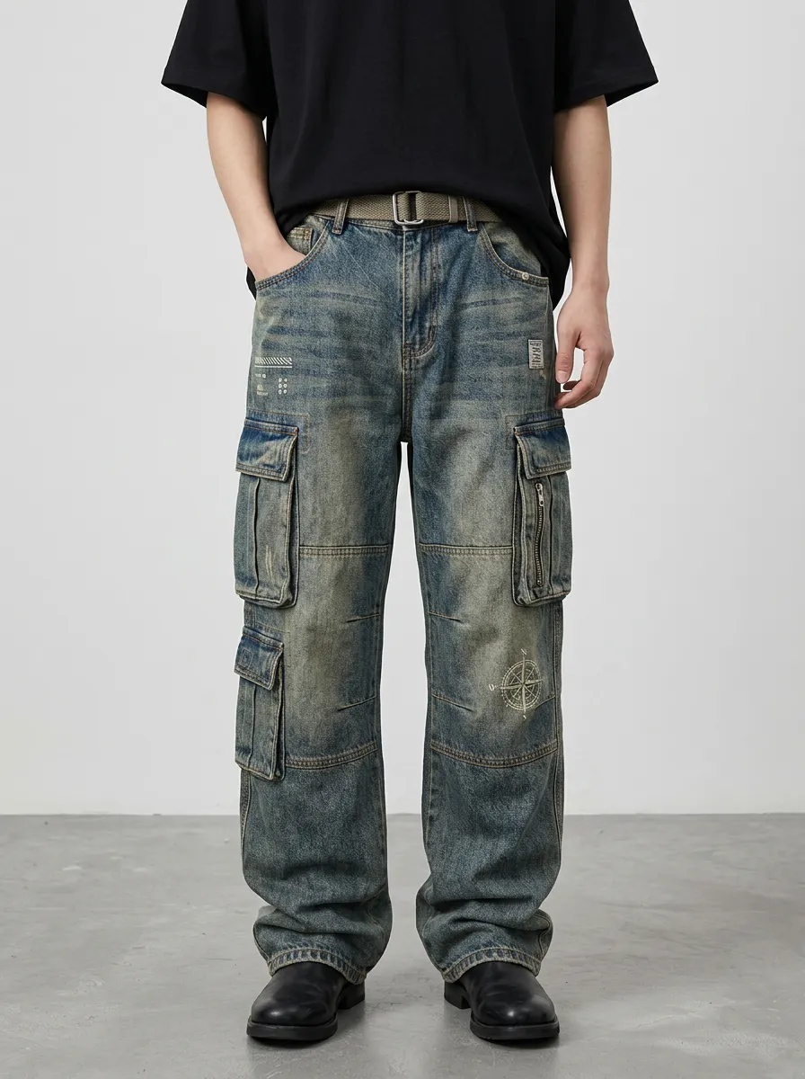 Men's Vintage Compass Graphic Distressed Denim Cargo Jeans