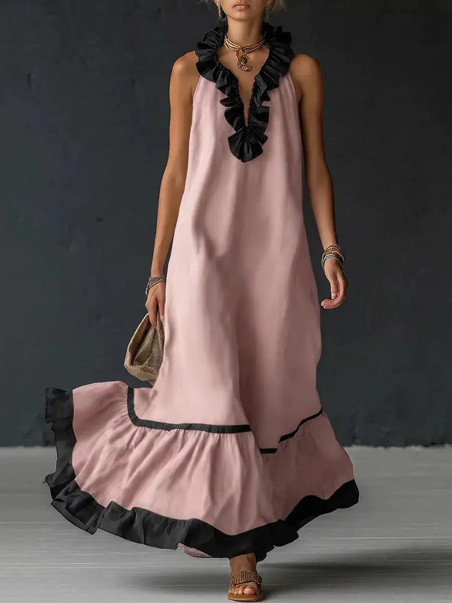 Trim Pleated Neck Maxi Dress