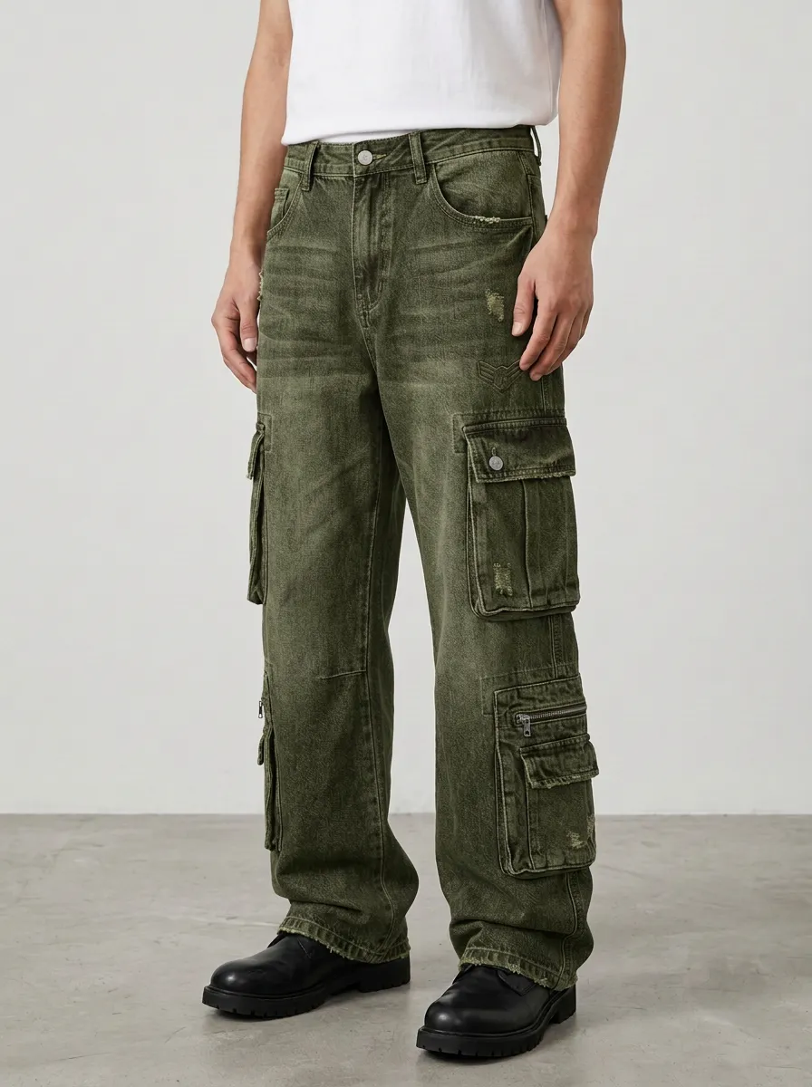 Men's Vintage Wash Distressed Multi-Pocket Cargo Jeans