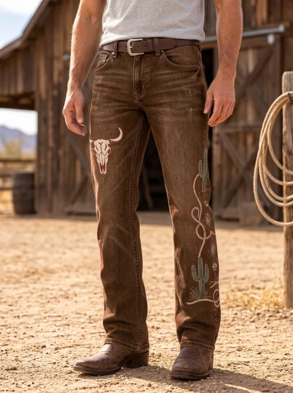 Men's Heritage Inspired Western Cowboy Cactus Skull Jeans