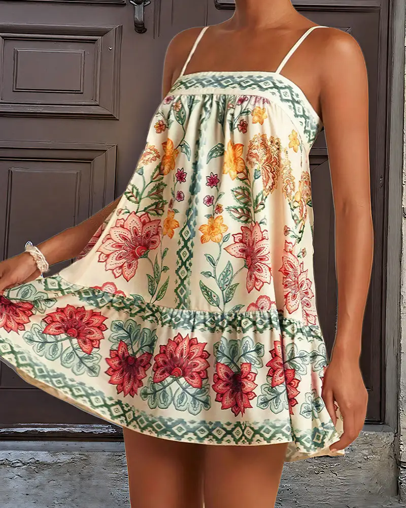 Boho Floral Print Slip Mini Dress