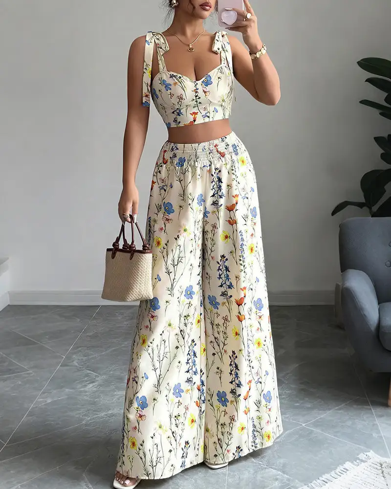 Summer Bloom Tie-Strap Crop Top and Wide Leg Pants Set