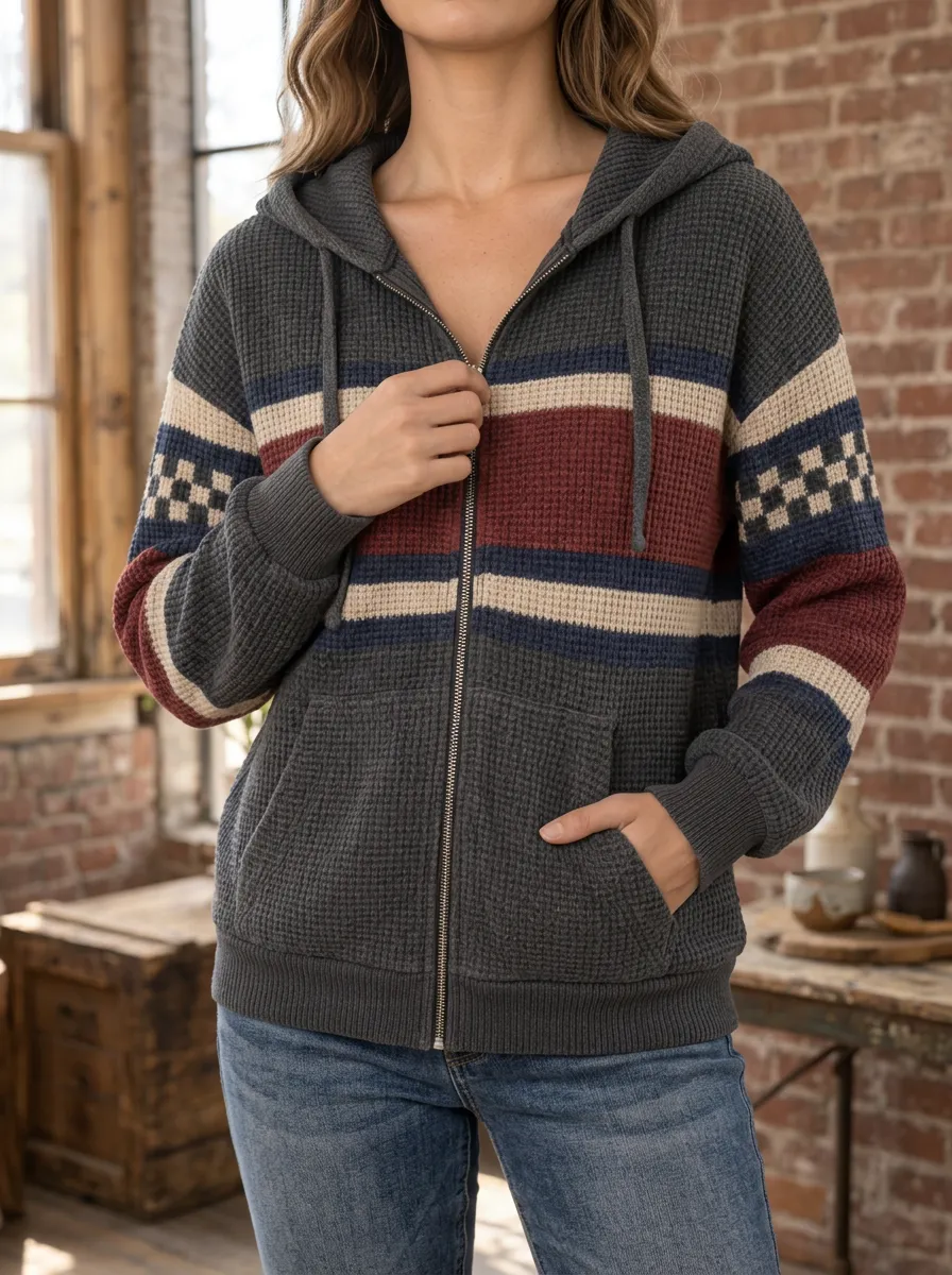 Women's Boho Striped Waffle Knit Patterned Zip-Up Hoodie