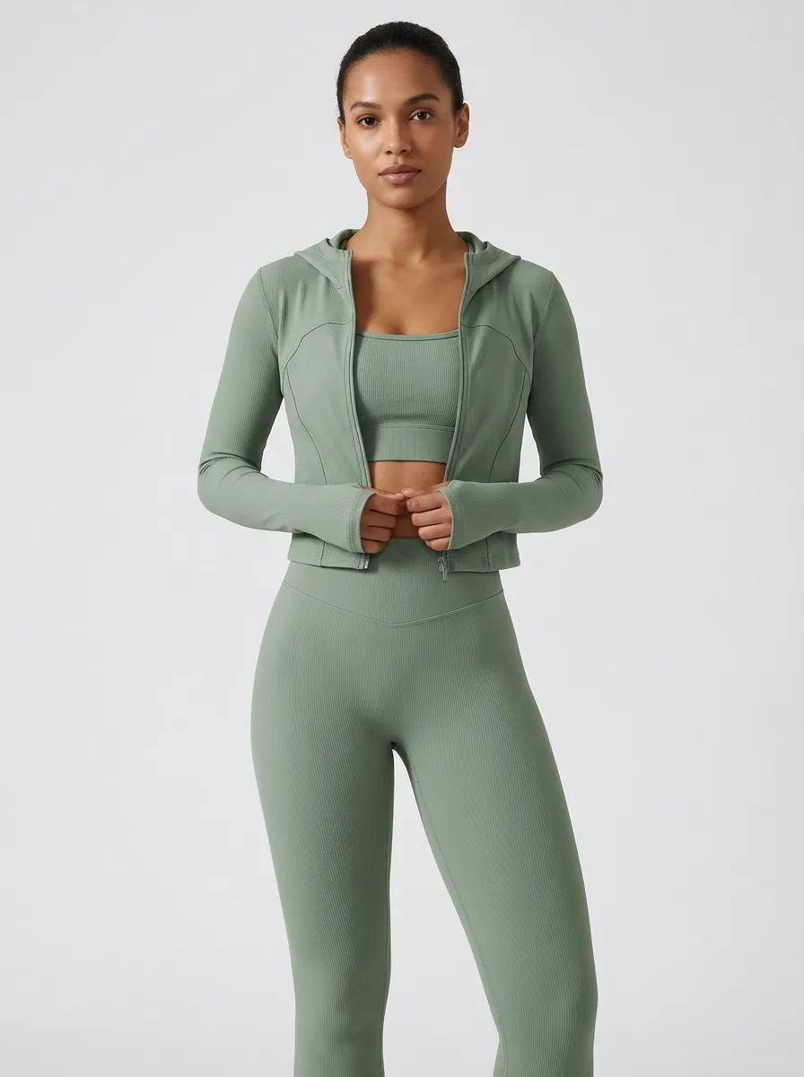 Training Ribbed Texture Seamless Design Profile Women's Three Piece Activewear Set