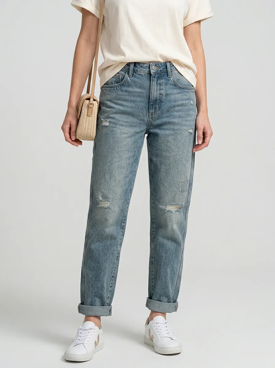 Women's Beach Lover Ocean Wave Printed T-shirt and Distressed Jeans Set