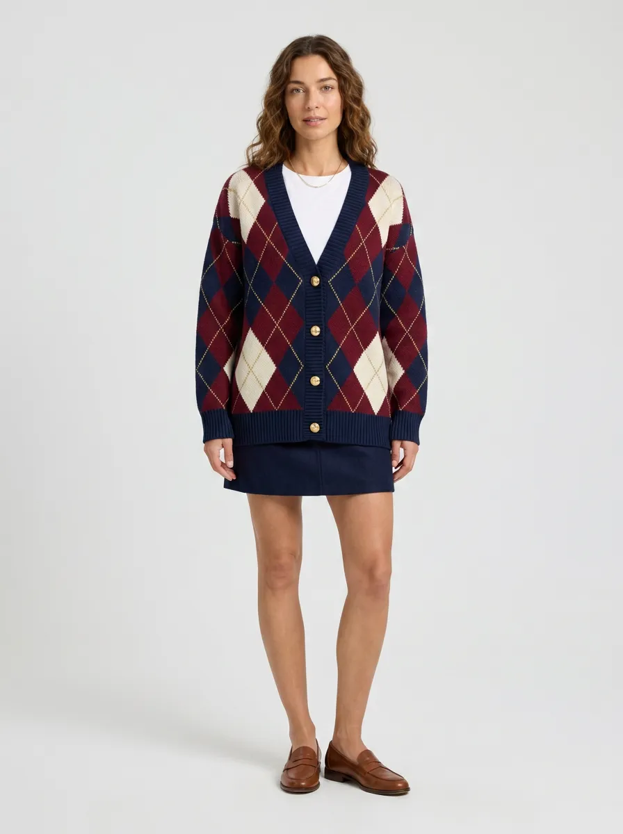Women's Vintage Preppy Style Argyle Pattern Knitted Cardigan
