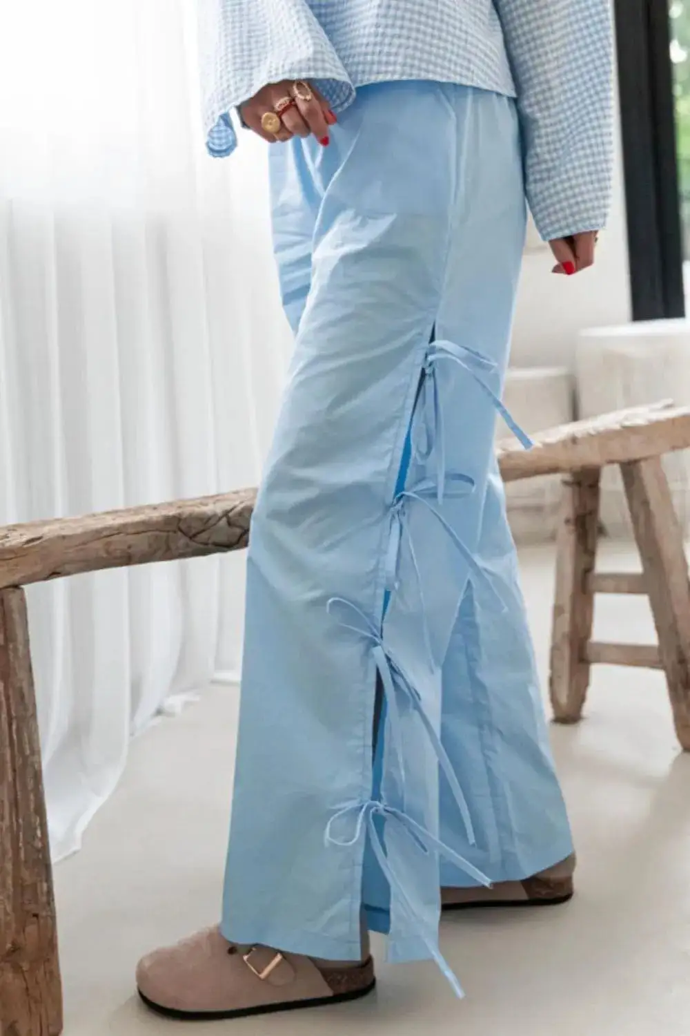 Tie Waist Pocketed Side Tie Slit Detail Pants
