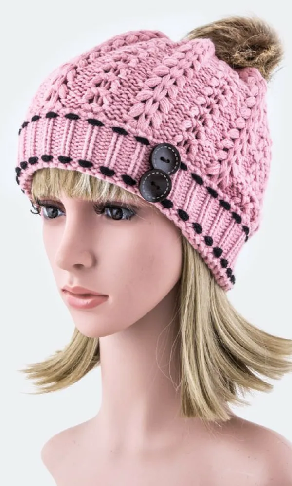 Button Accent Beanie With Faux Fur Pom