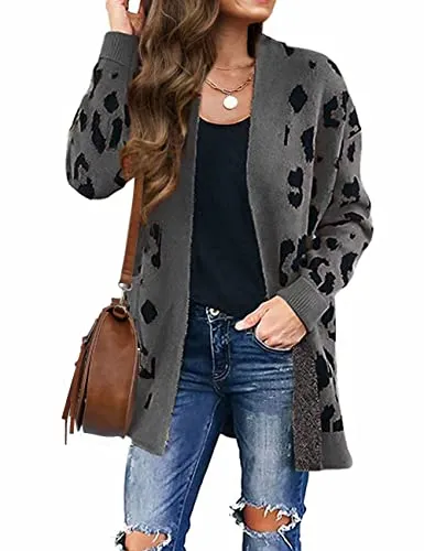 Women's Long Sleeves Open Front Leopard Print Knitted Sweater Cardigan Coat Outwear