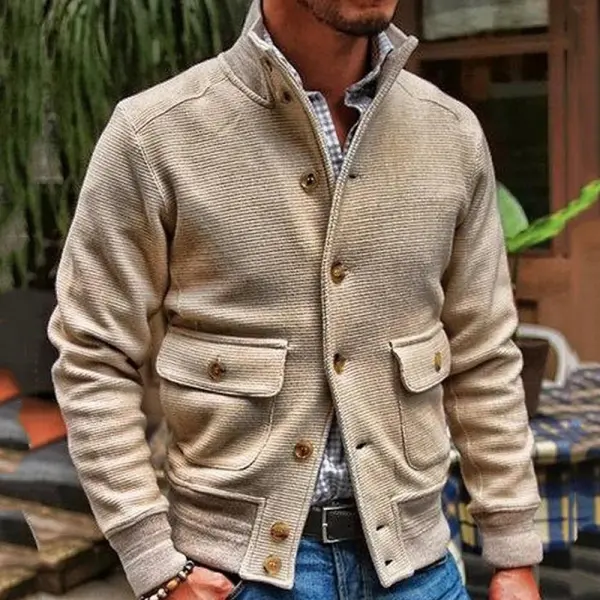 Textured Zip Band Collar Jacket