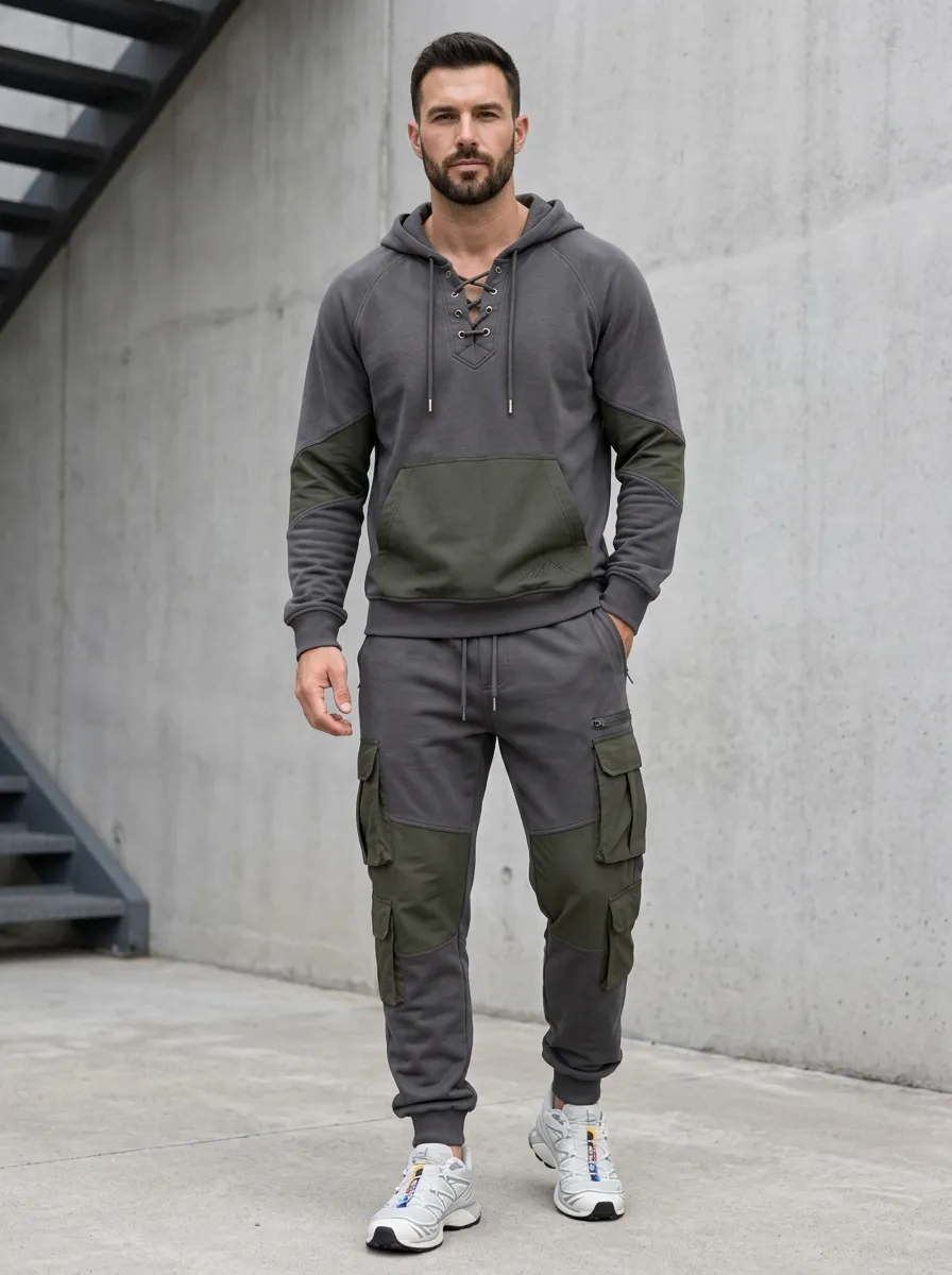Functional Lace-Up Multi Pocket Detail Men's Lace Up Hoodie And Cargo Jogger Set