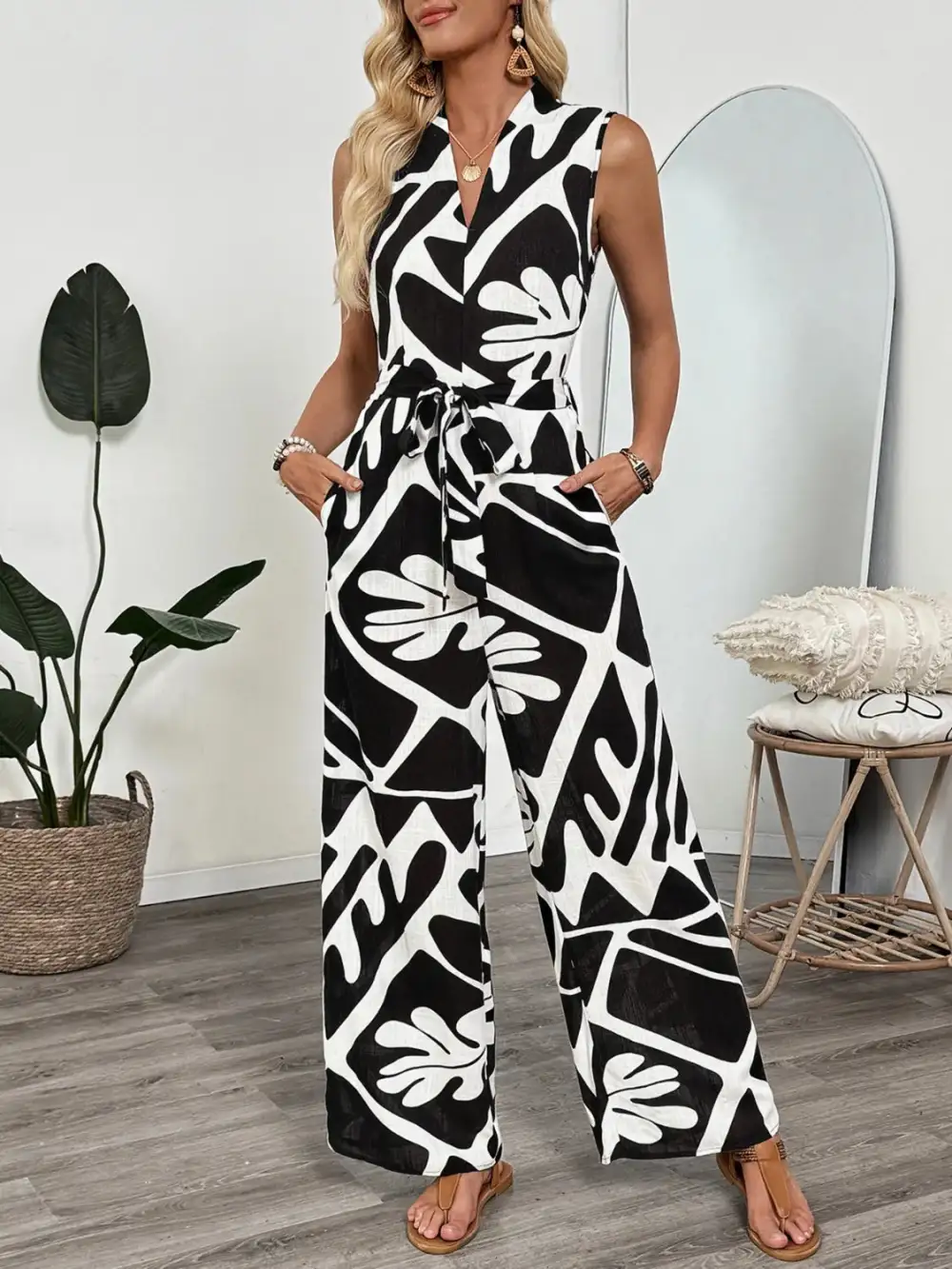 Printed Sleeveless Wide Leg Jumpsuit