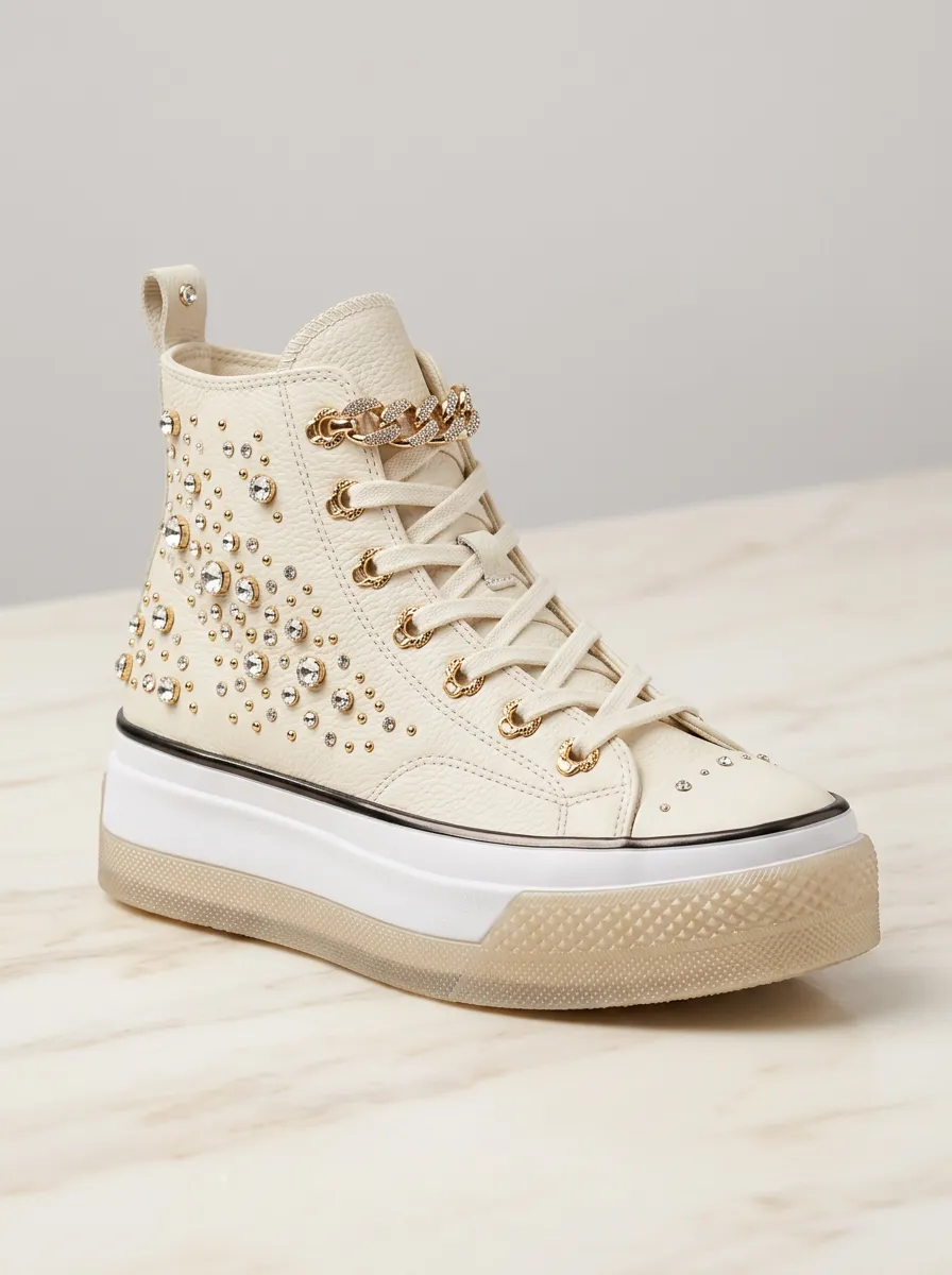 Lace-Detail Lace-Up High-Top Women's Rhinestone Platform Shoes