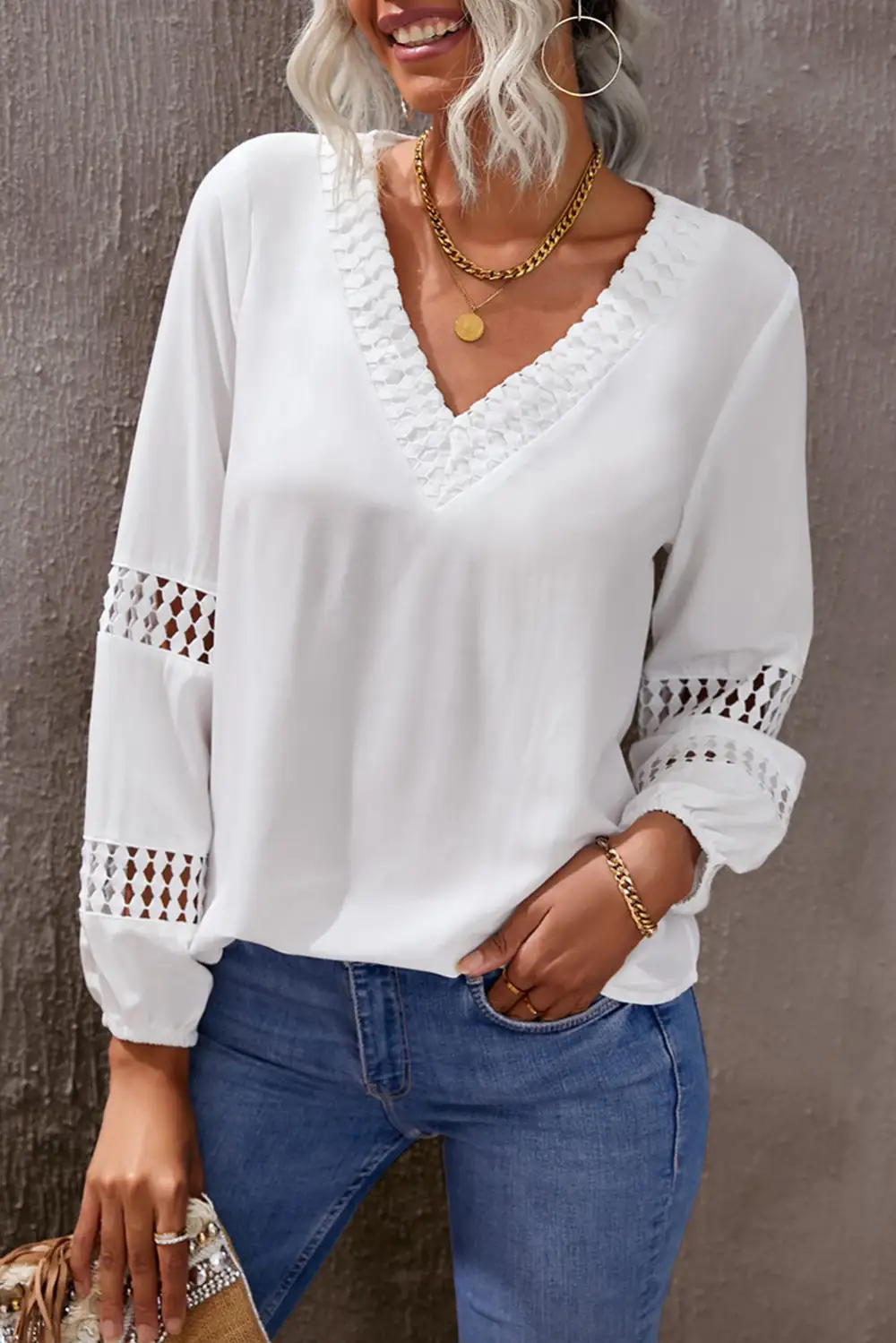 Deep V Neck Crochet Hollow Out Blouse