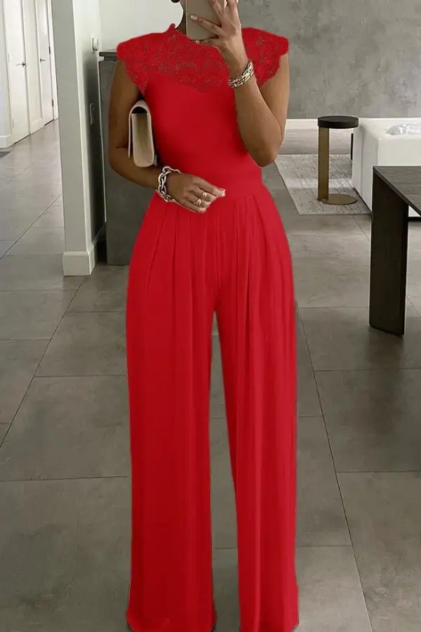 Lace Patchwork Wide-Leg Sleeveless Jumpsuit