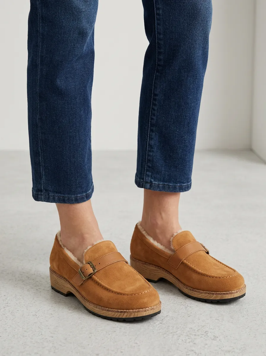 Women's Shearling Lined Buckle Detail Clog Style Casual Suede Wood Sole Loafers