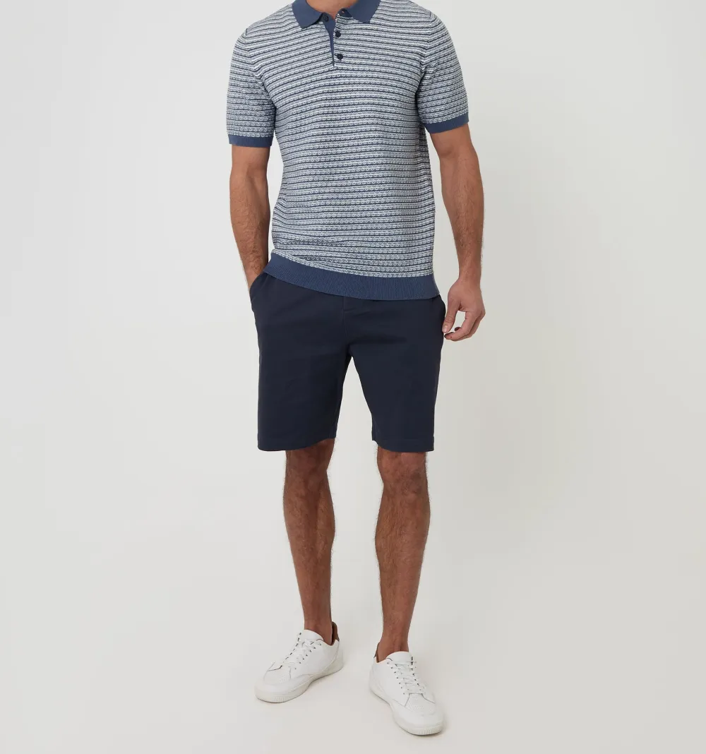 Men's Denim Blue Textured Stripe Knitted Polo