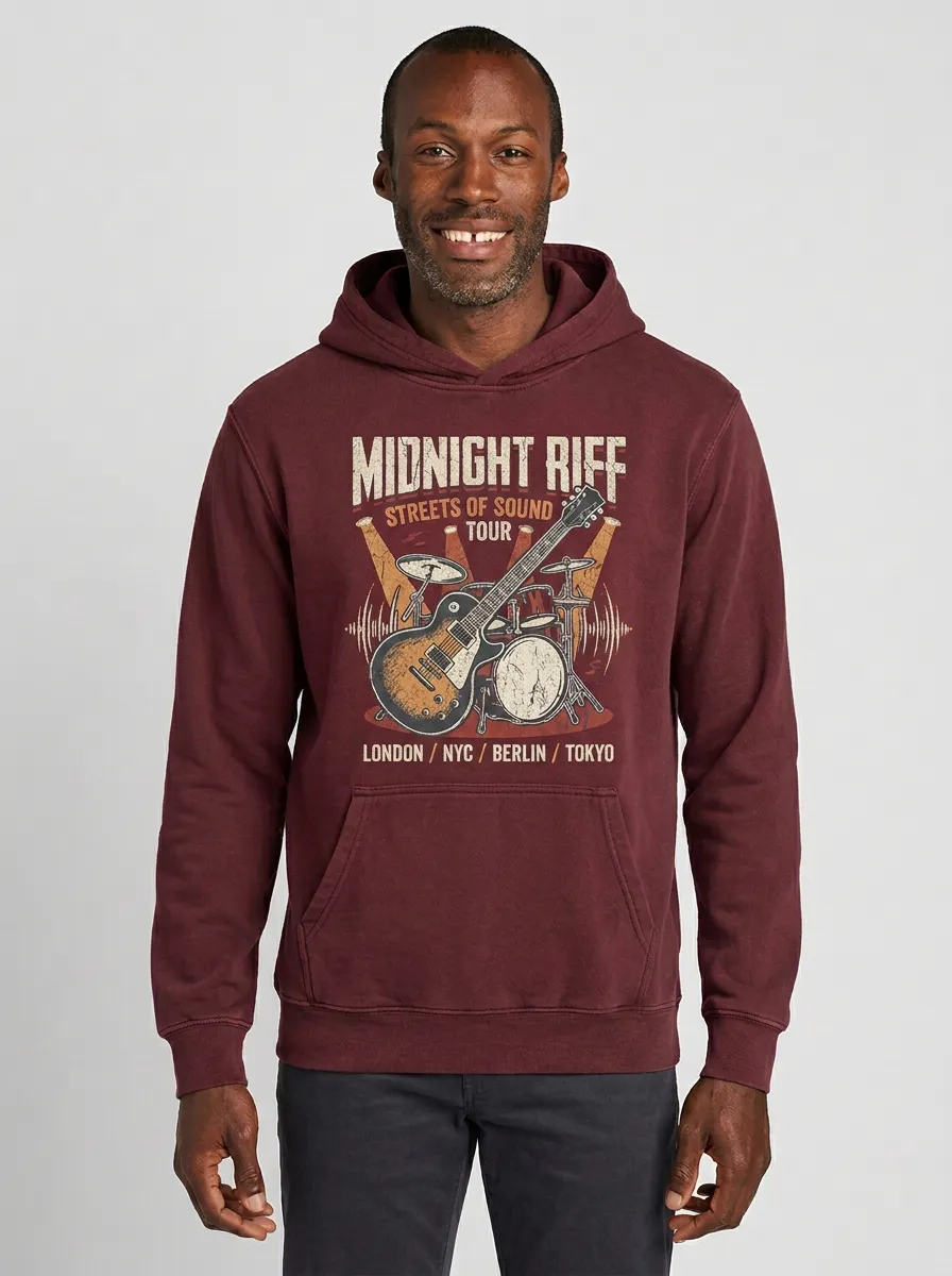Men's Rock Music Lover Midnight Riff Tour Guitar Printed Hoodie