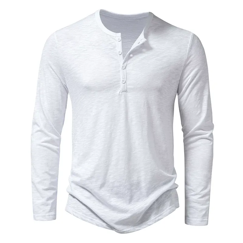 Men's Fashion: 2026 Autumn Western-Style Long-Sleeve Henley T-Shirt (Slub Cotton)