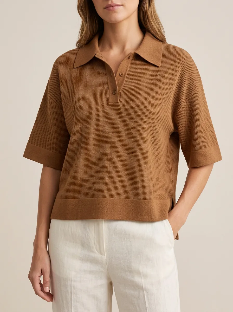 Women's Brown Waffle Texture Polo with Relaxed Short Sleeves