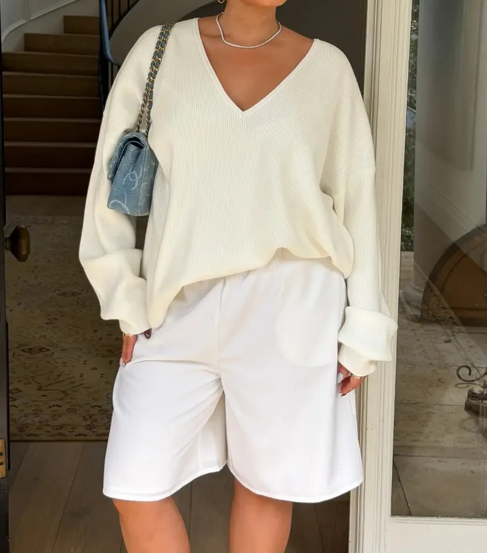 White Oversized V-Neck Knit Sweater