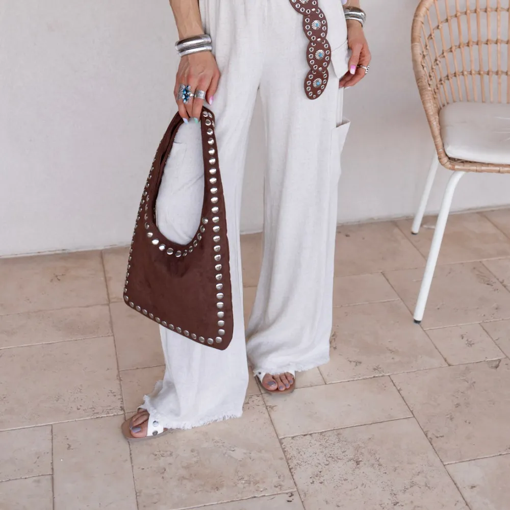 Structured Suede Studded Shoulder Bag