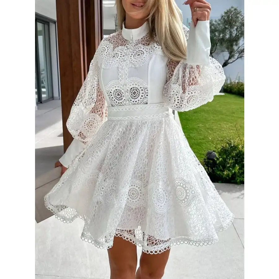 Soft Everyday Lace Lantern Sleeve Mini Dress