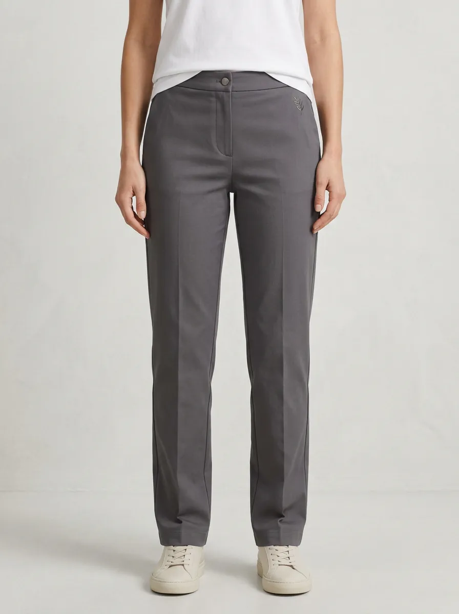 Women's Minimalist Leaf Logo Grey Mid-Rise Straight Leg Pants