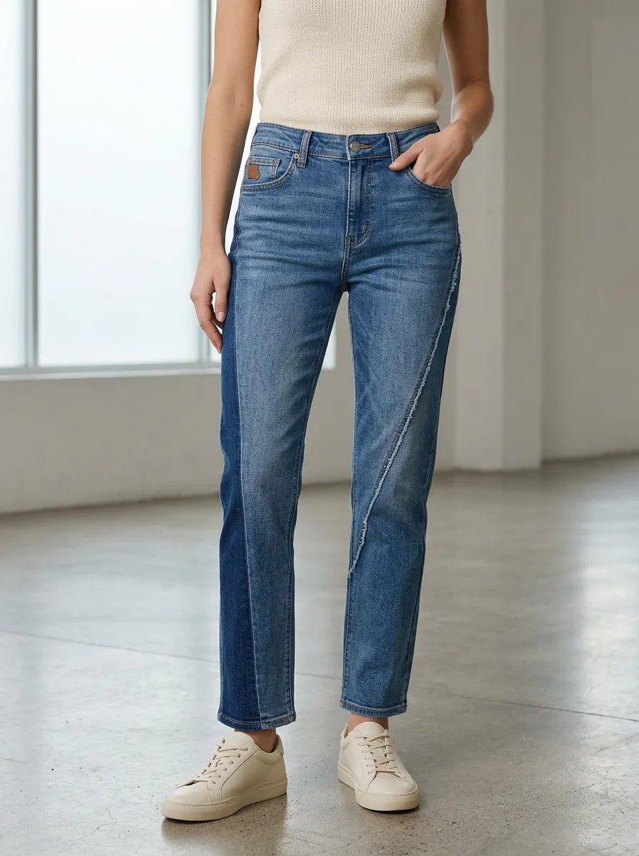 Women's Two-Tone Asymmetric Seam Stitched Denim Jeans