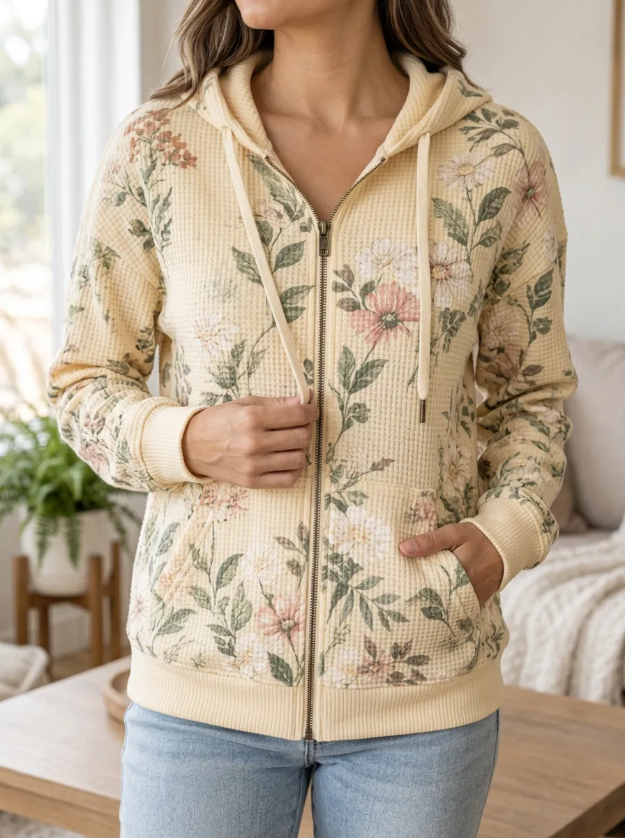 Women's Floral Signature Pattern Waffle Zip-Up Hoodie