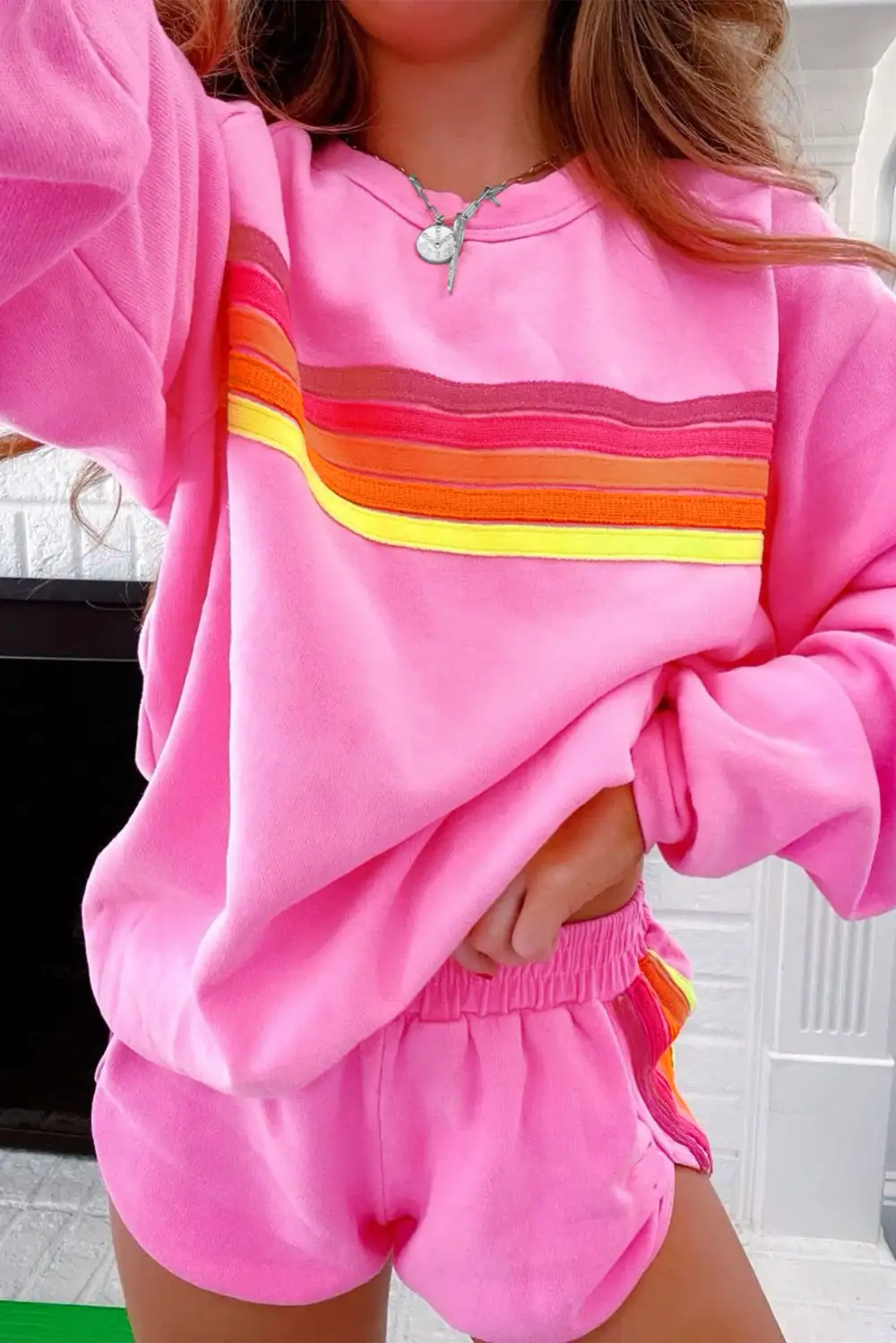 Striped Pullover Relaxed Shorts Lounge Set Comfort