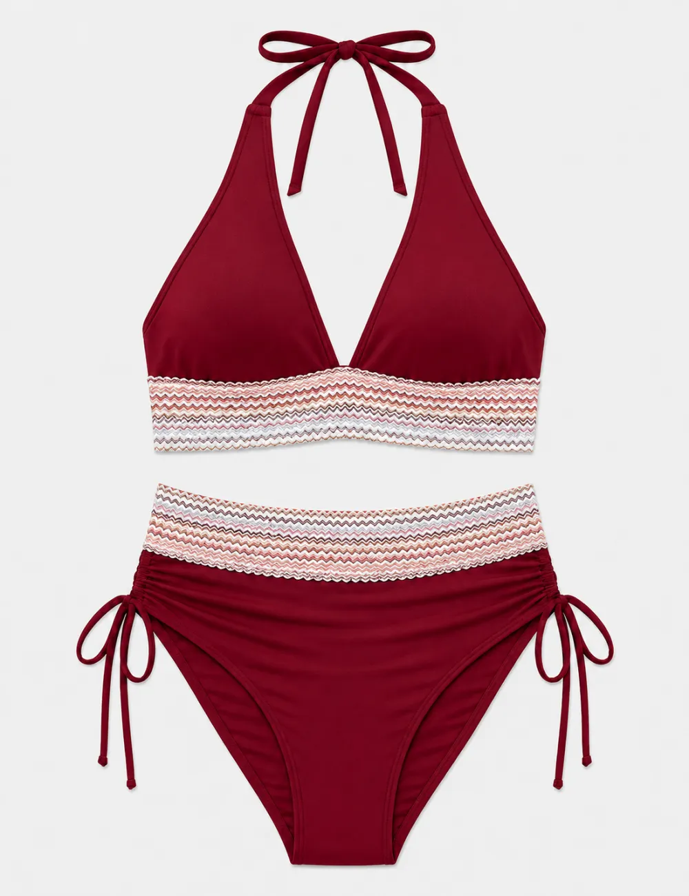 Deep V Neck Colorful Zigzag Smocked Trim Bikini Set