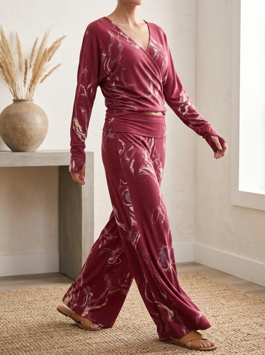 Women's Abstract Marble Patterned Waffle Wrap Wide Leg Pants Set