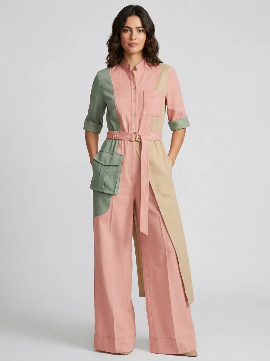 Women's Sierra Colorblock Cargo Pocket Belted Jumpsuit