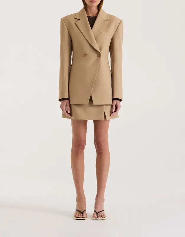 Beige Double-Breasted Twill Blazer