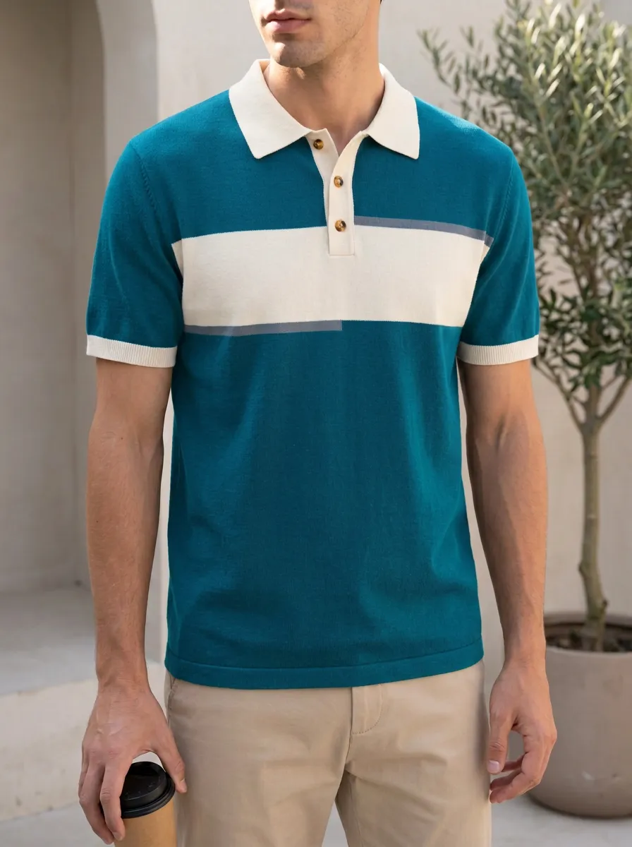 Men's Casual Navy White Colorblock Striped Knit Polo Shirt