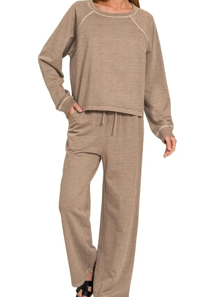 Textured Washed F Terry Round Neck Pullover & Pants Set