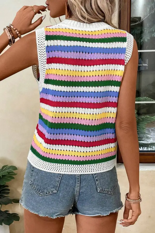 Striped Knit Eyelet Fitted Sweater Vest