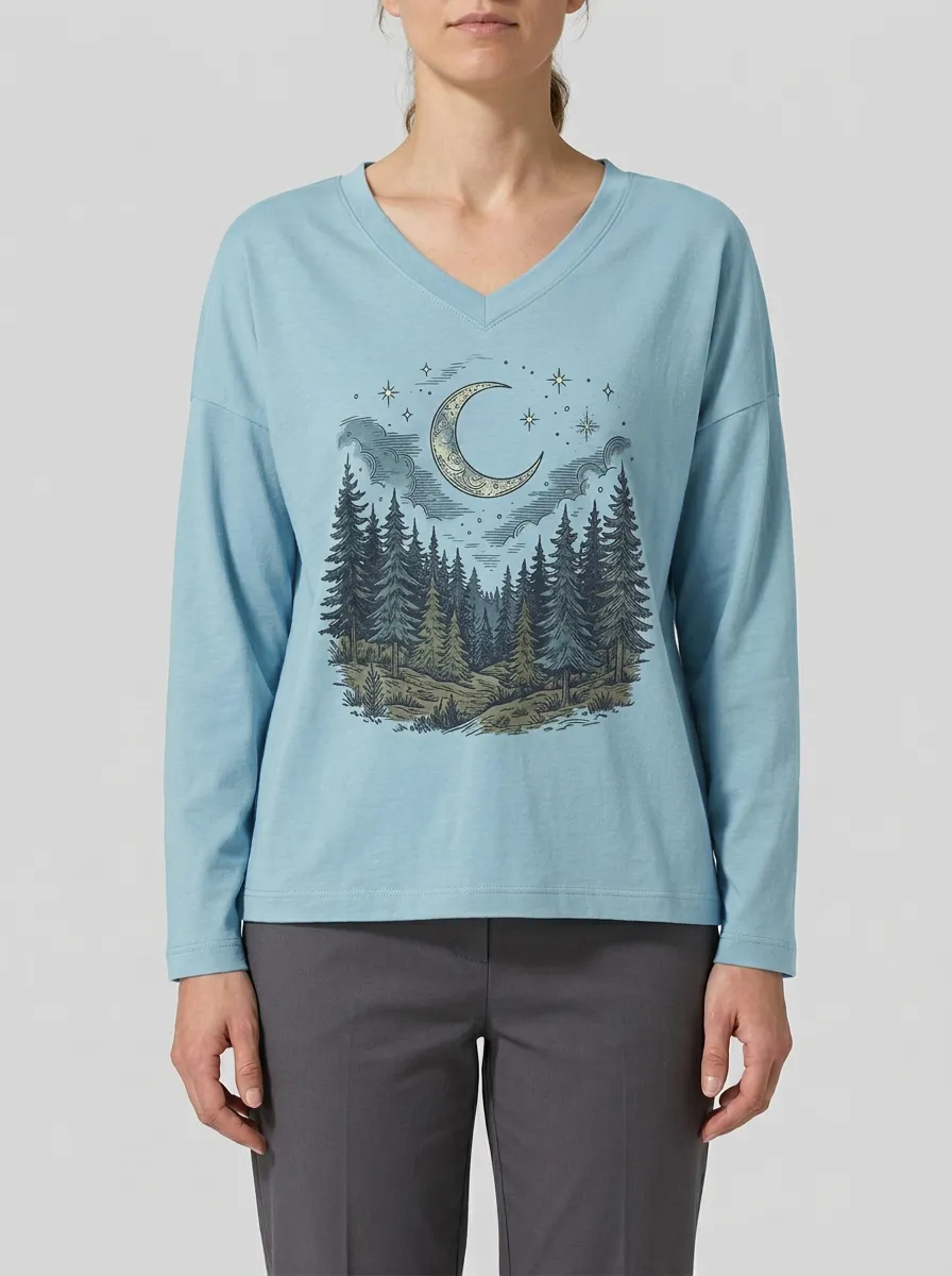 Women's Moon Graphic V-Neck Long-Sleeve T-Shirt