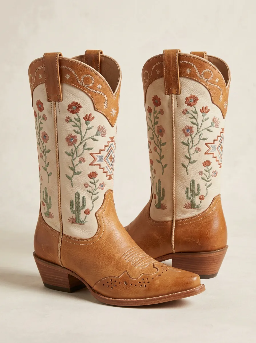 Unisex Classic Cactus Embroidered Western Boots