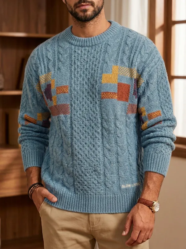 Men's Geometric Patchwork Cable Knit Sweater