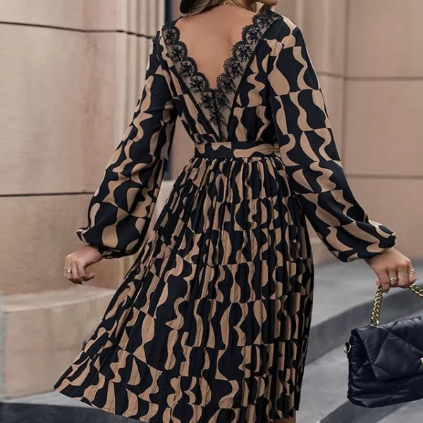 Contrast Printing Long Sleeves V-neck Waist Tied A-line Midi