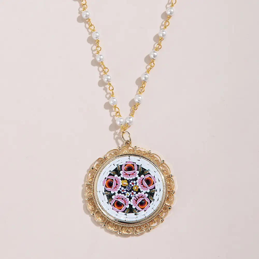 Pearl Mosaic Floral Pendant Necklace