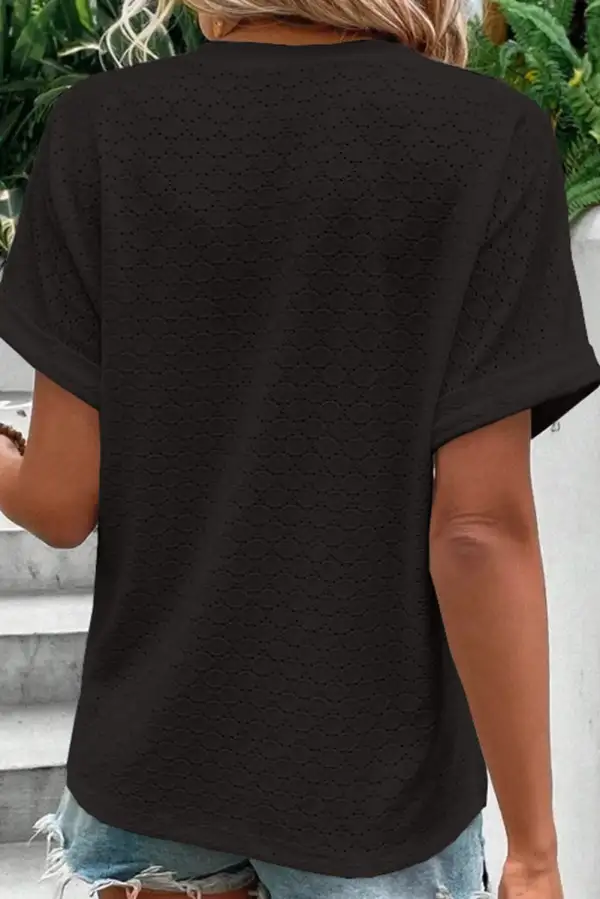 Black Eyelet Button-Accent Notch Neck