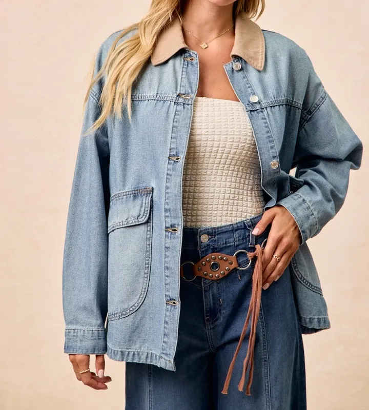 Washed Denim Jacket with Contrast Collar Detail