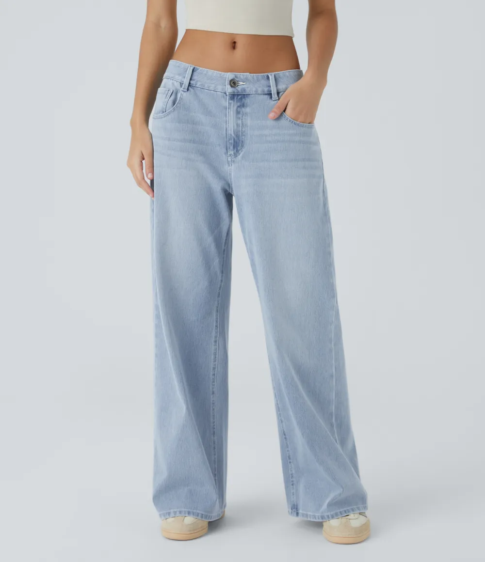 Magic Low Rise Button Zipper Multiple Pockets Washed Stretchy Knit Wide Leg Casual Jeans