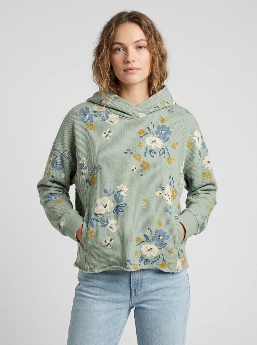 Women's Floral Waffle Textured Graphic Hoodie