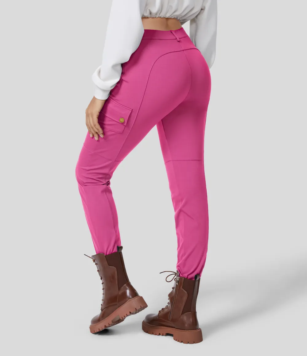 High Waisted Button Zipper Multiple Pockets Solid Skinny Cargo Pants